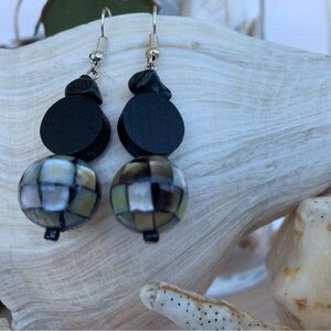 Mother of Pearl look Earrings boho Black bead Mix sterling silver hooks Handmade